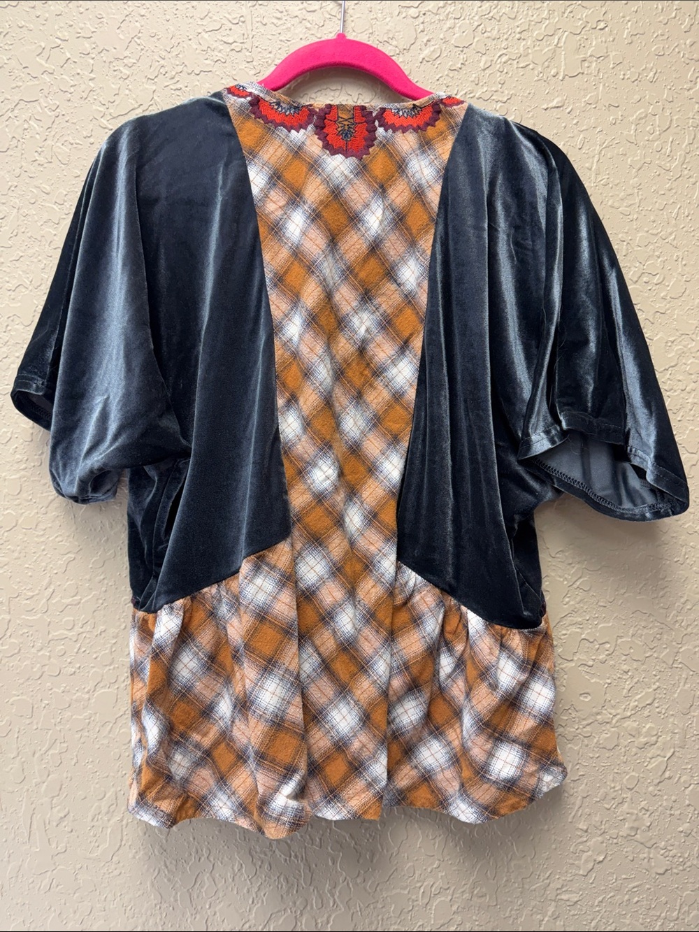 THML medium Boho Embroidered Layered Tunic Top - Black & Orange Plaid - Picture 3 of 4